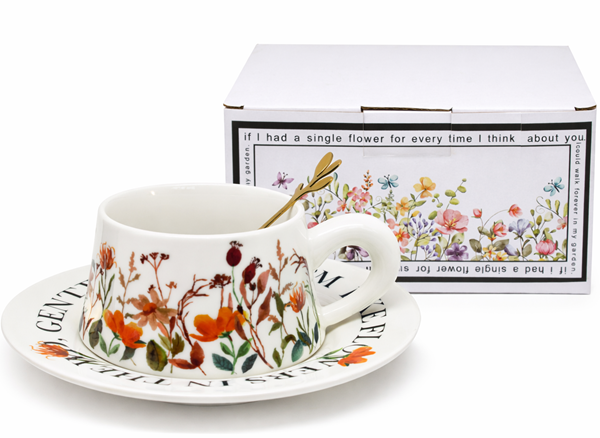 Jumbo-tasse (300 Ml) Mit Untertasse, Wildblumenmuster + Goldlöffel