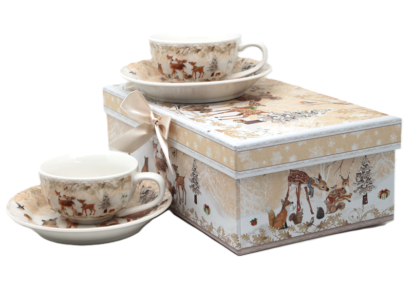 Porzellantassen, 2 Stück In Einer Schachtel – Winterwald, Reh Als Geschenk