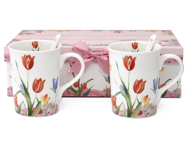 Set Aus Zwei 320-ml-tulpenporzellanbechern Mit Löffeln Und Geschenkbox