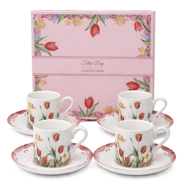4er-set Espressotassen Mit Untertassen, 100 Ml, Tulpenmotiv, Als Geschenk
