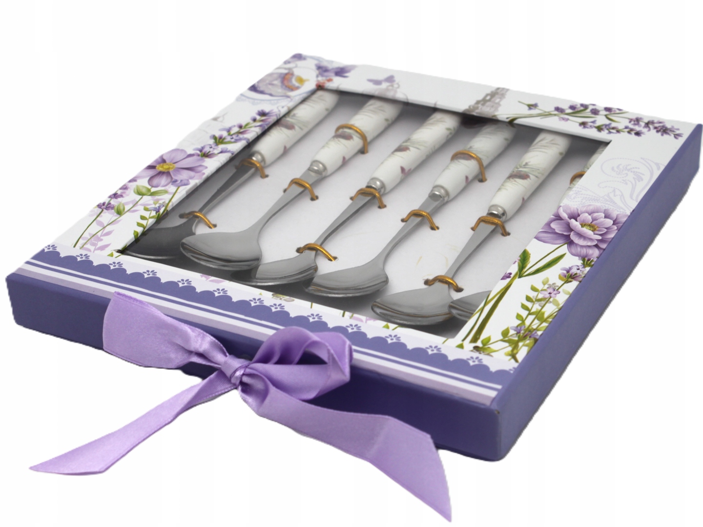 Set Mit 6 Dessertlöffeln Mit Porzellangriffen – Blumenmotiv