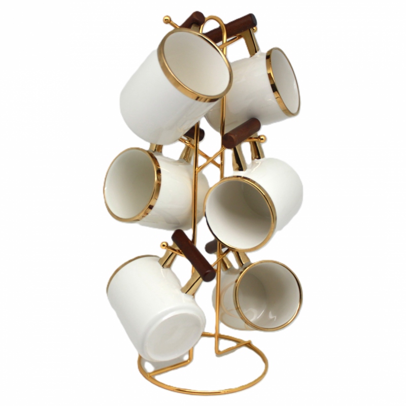 Set Aus 6 Eleganten, Weiß-goldenen Bechern Mit Ständer
