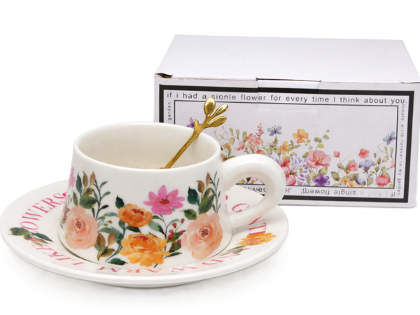 Jumbo-tasse (300 Ml) Mit Untertasse, Rosenmuster Und Goldenem Löffel