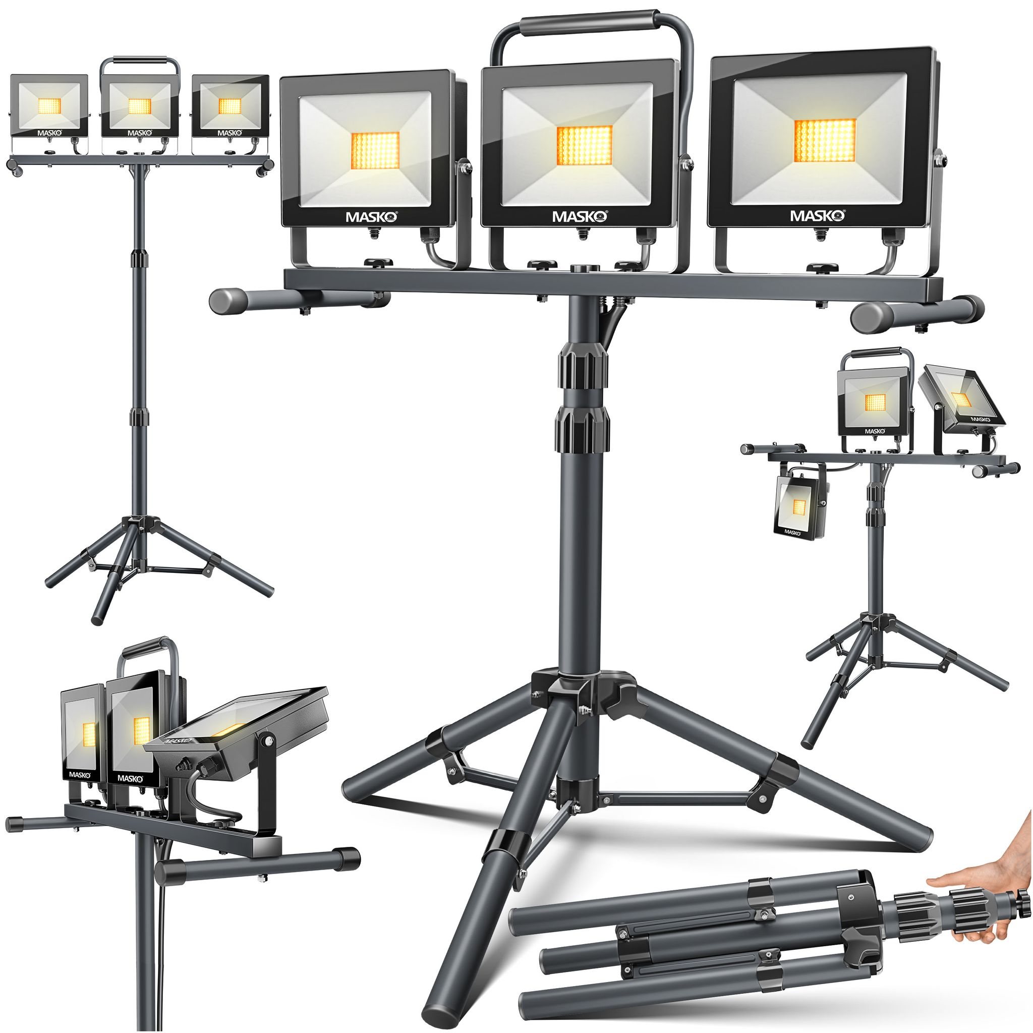 Masko® Led Baustrahler Mit Stativ, Fernbedienung - 3x-75w Anthrazit