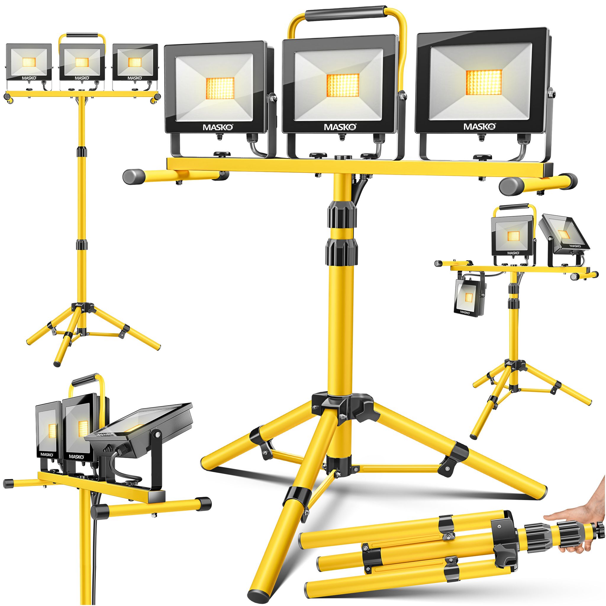 Masko® Led Baustrahler Mit Stativ, Fernbedienung - 3x-75w Gelb