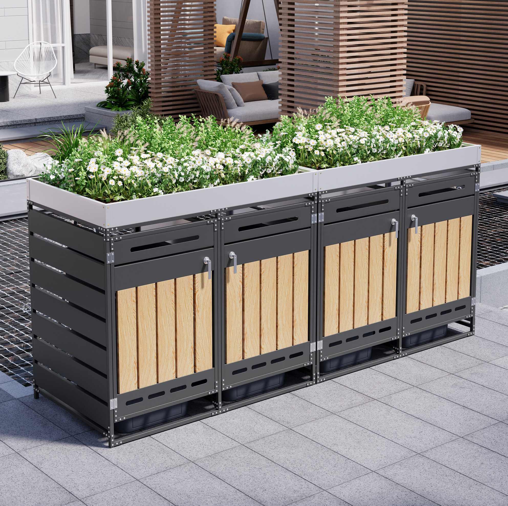 4-fach Mülltonnenbox 274×79×125 Cm Aus Schwarzem Eisen Mit Pflanzkasten – Meubliv