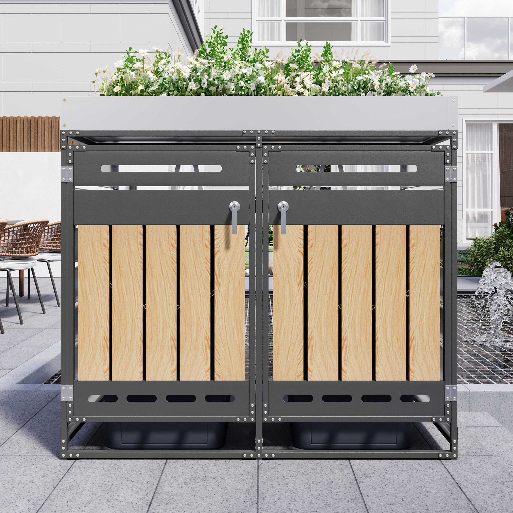 Doppel-mülltonnenbox 137x79x125 Cm Aus Schwarzem Eisen Mit Pflanzkasten – Meubliv