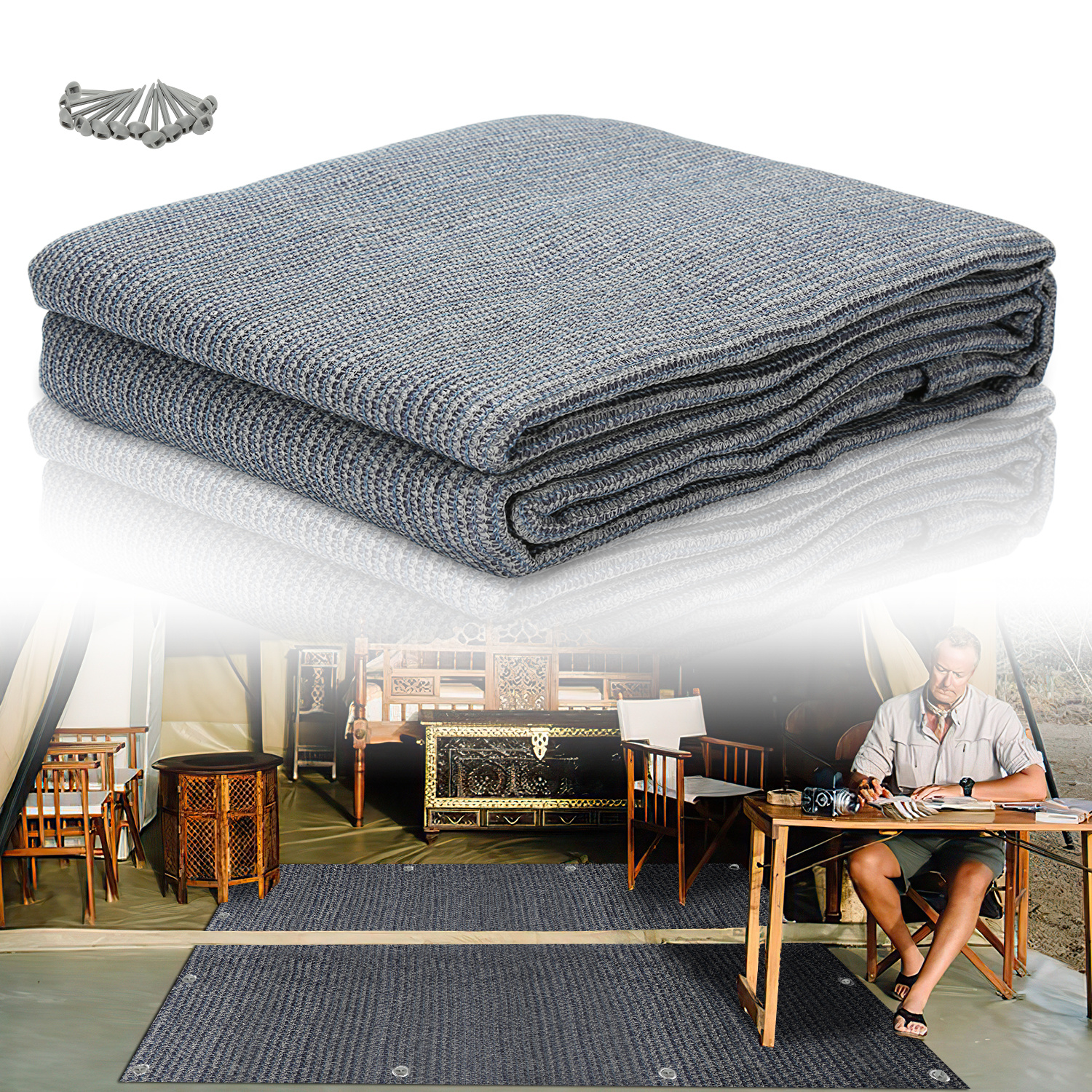 Tolletour Campingteppich Aus Hdpe, 240 G/m², Blaugrau - 250 X 550 Cm, 1 Teppich, Inkl. 13 Heringe, Uv-stabil, Beidseitig Nutzbar