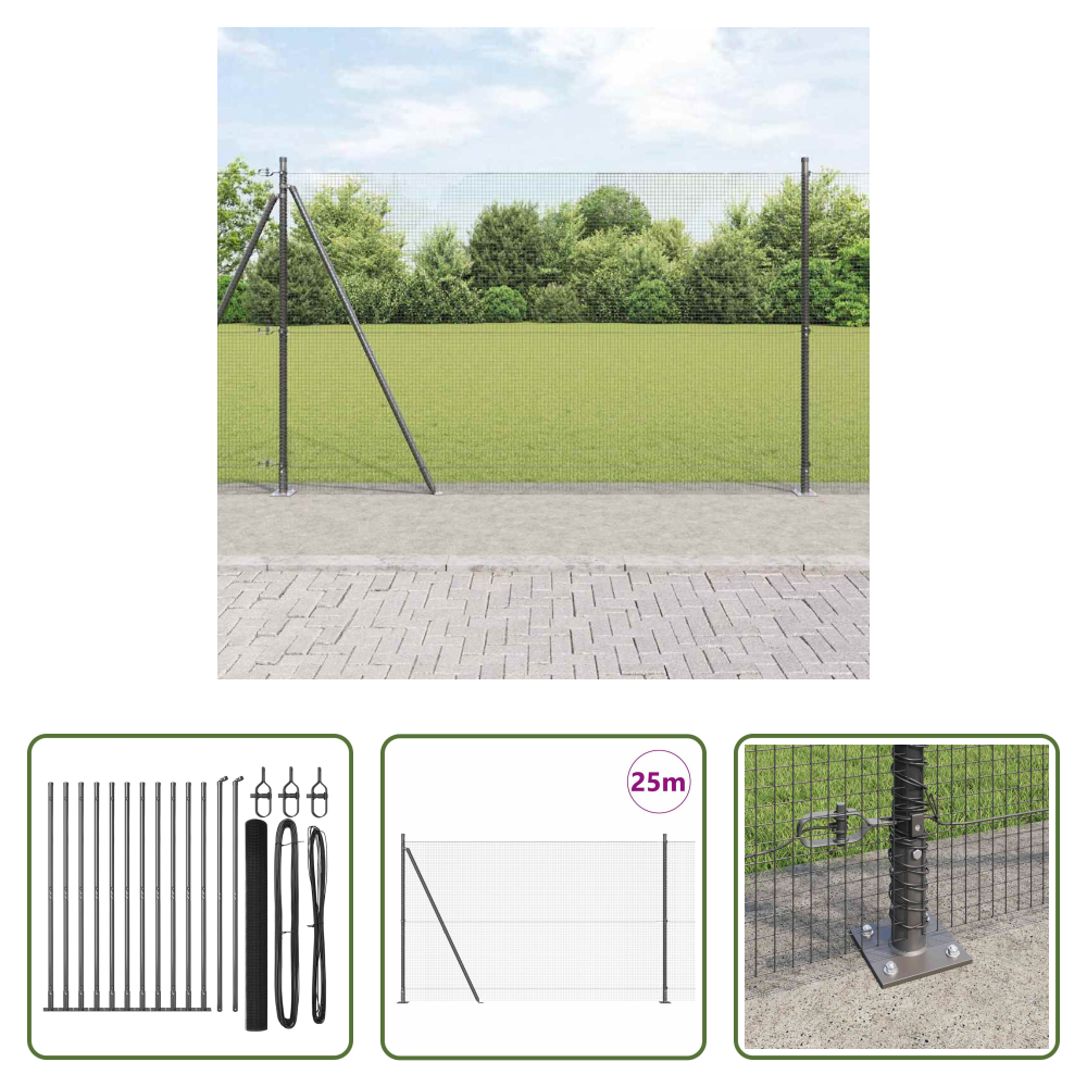 Außenzaun - Zaunpfosten Grau 25 X 1,4 M (16 X 16 Mm Maschen) Stahl Und Pvc