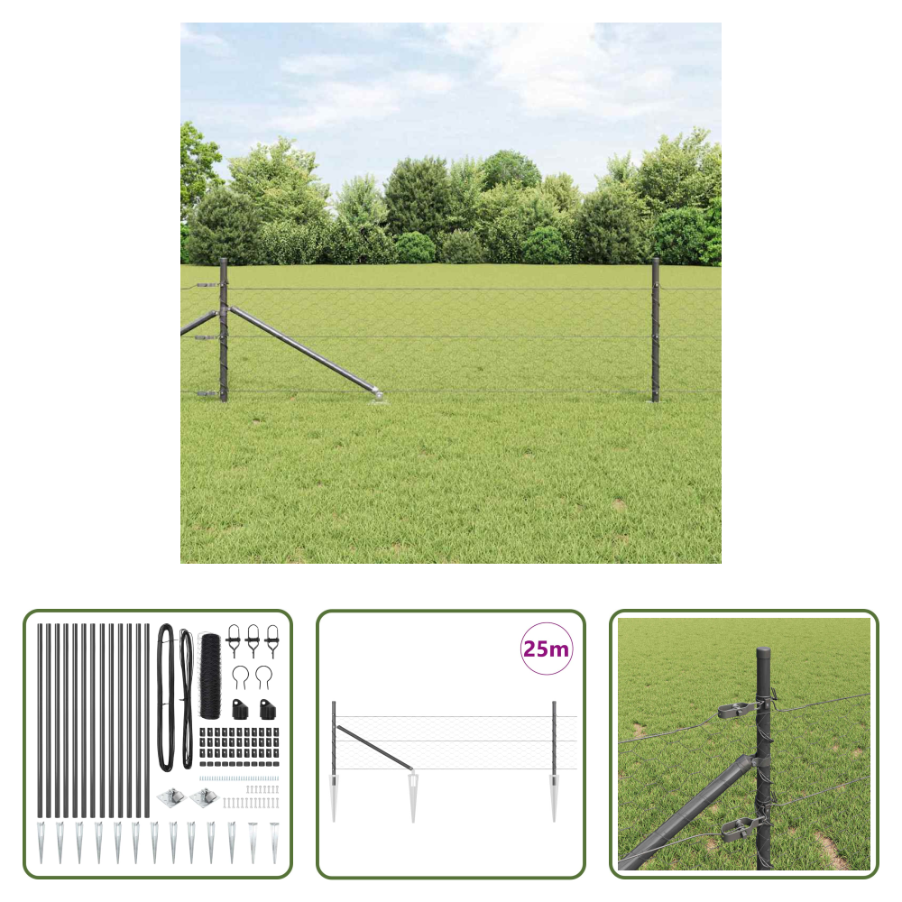 Außenzaun - Zaunpfosten Grau 25 X 0,8 M (50 Mm Mesh) Stahl Und Pvc