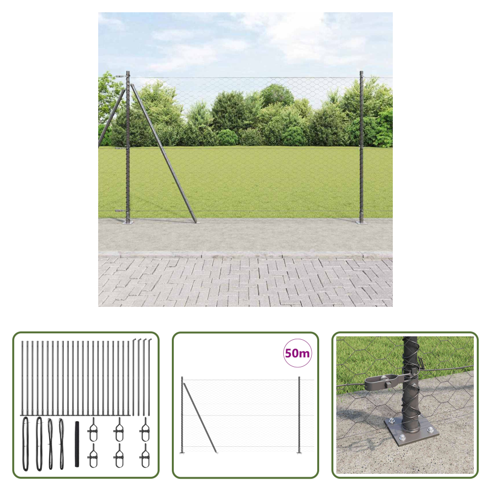 Vidaxl Stahl Und Pvc - Zaunpfosten Grau 50 X 1,4 M (50 Mm Maschenweite) Stahl Und Pvc