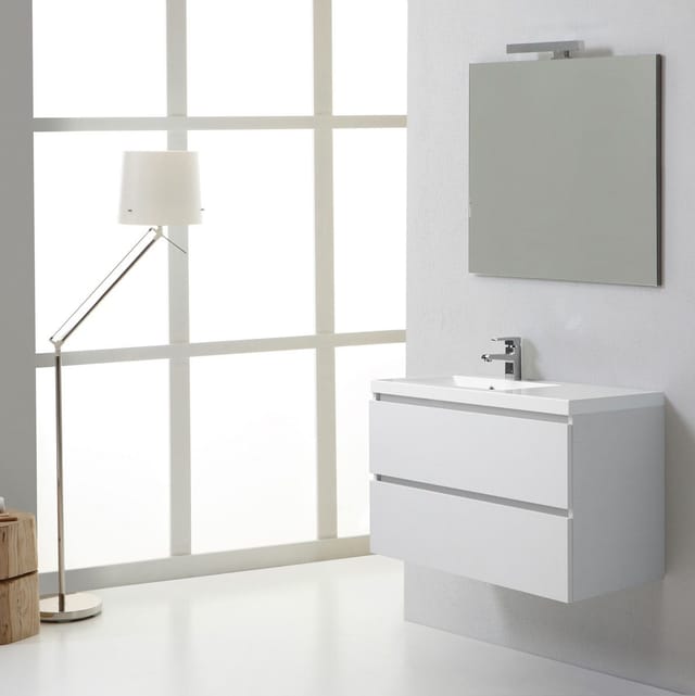 Kiamami Valentina - Badezimmermöbel – Set Mit 2 Schubladen, Waschbecken Links, Spiegel 90x70 Und Led-lampe Manhattan