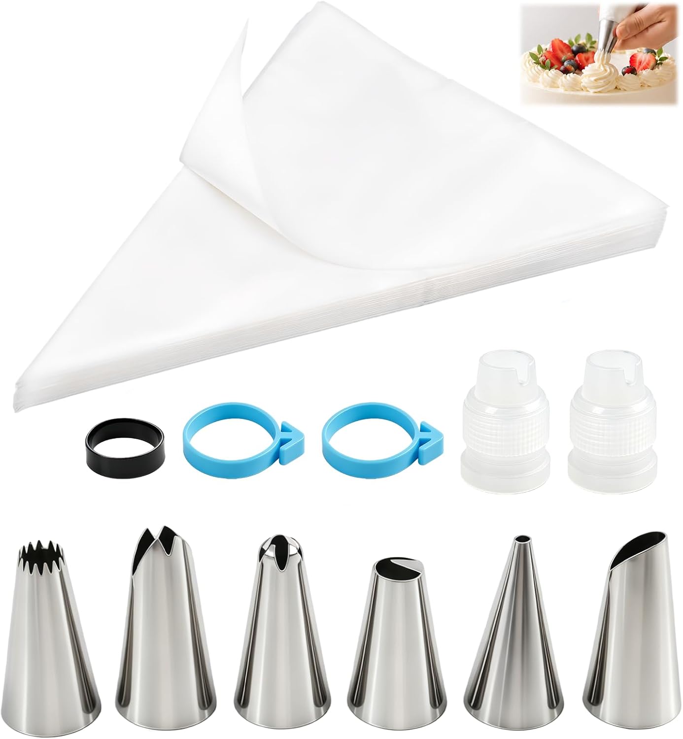 110-teiliges Spritzbeutel-set, 6 Edelstahl-tüllen, 2 Adapter, 100 Einweg-spritzbeutel, 2 Verschlussringe – Komplettset Zum Dekorieren Von Kuchen, Cupcakes, Sahne, Gebäck Und Keksen