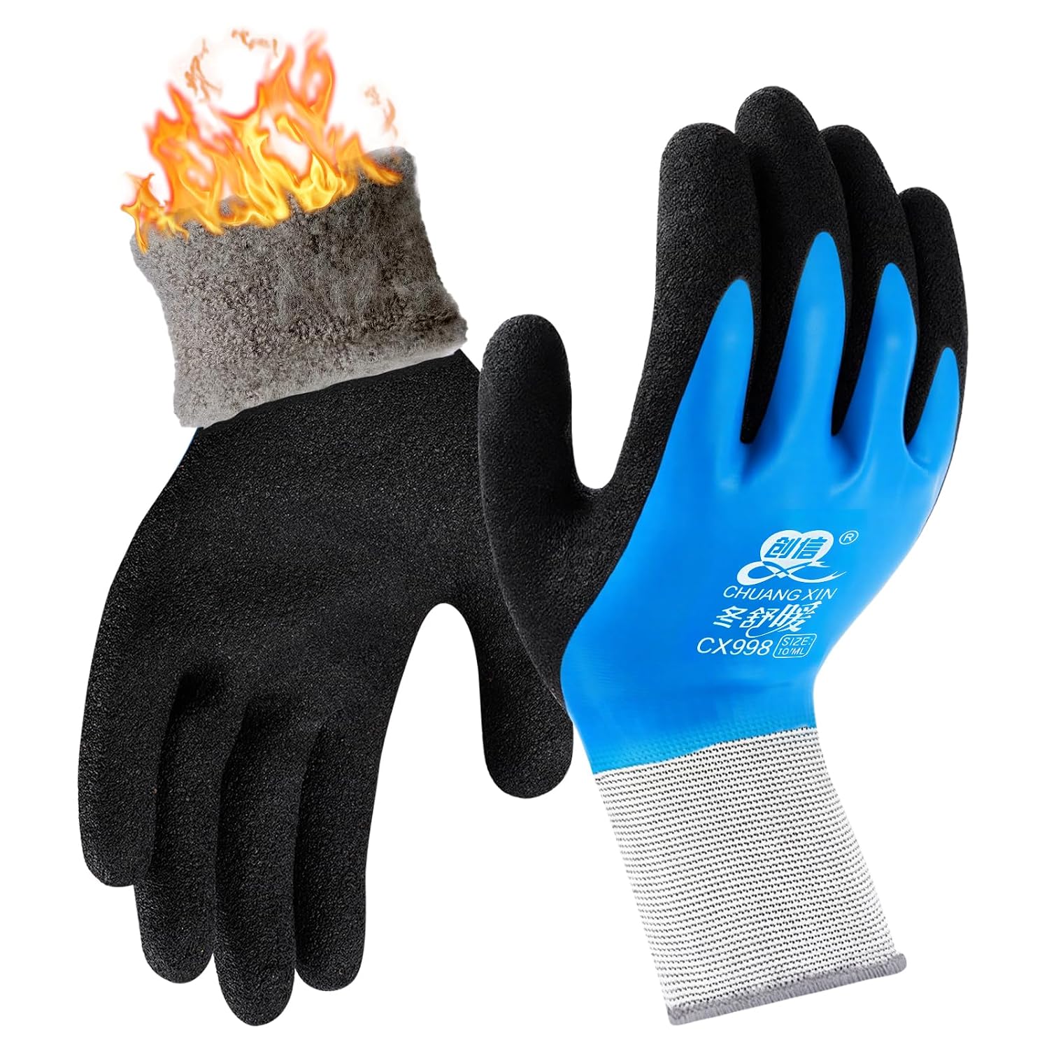 Winterarbeitshandschuhe, Fleecegefüttert, Wärmend, Wasserdicht, Rutschfest, Latexbeschichtet, Für Baustellen, Kühlhäuser, Mechaniker, Xl, Blau, 26 Cm