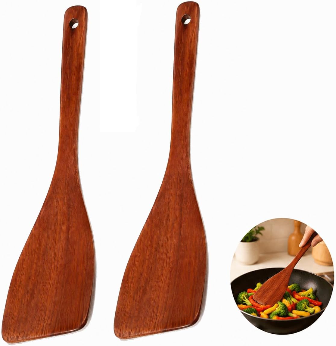 2-teiliges Küchenspatel-set Aus Holz, 32,5 Cm, Kratzfeste Küchenutensilien Aus Holz, Küchenspatel Aus Holz Für Beschichtete Pfannen, Woks Und Grillplatten, Pfannenwender Aus Holz Zum Mischen, Wenden U