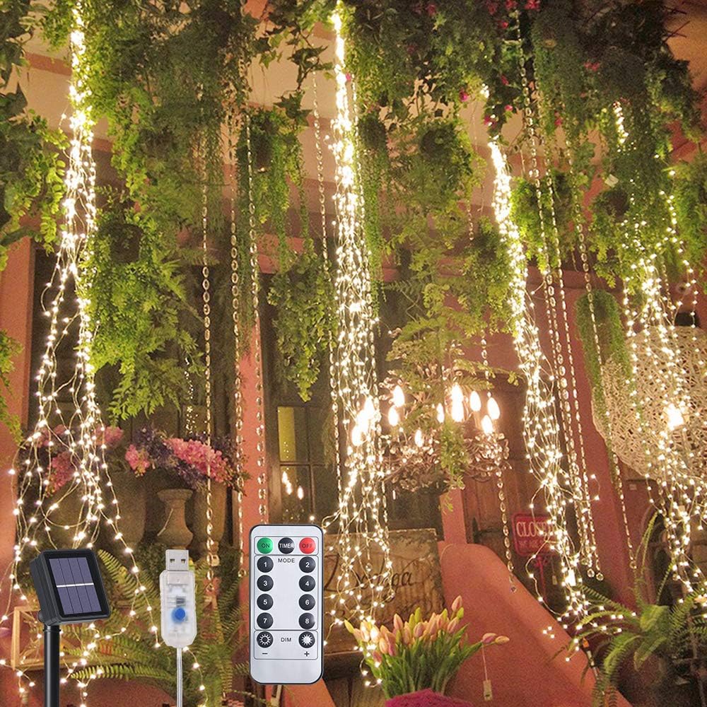 Solar-lichterkette, 10 Stränge, 200 Leds, Dekoratives Led-lichterband Mit Fernbedienung, 8 Wasserdichte Modi, Warmweiße Lichterkette Für Garten, Party, Weihnachten, Hochzeit
