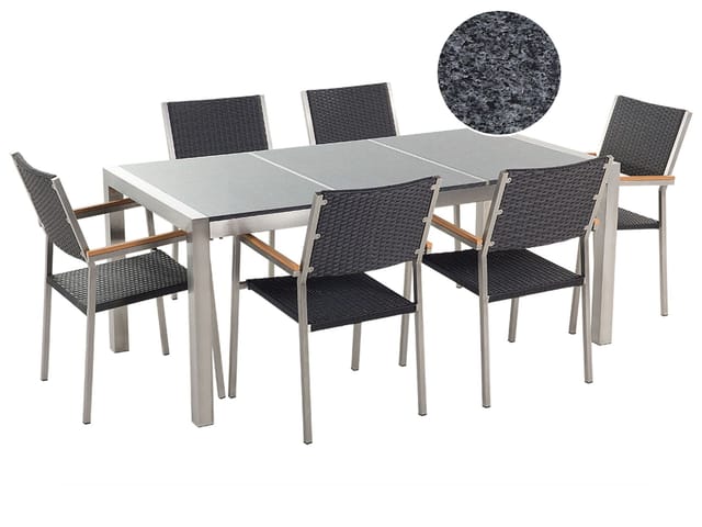 Gartenmöbel Set Grau Schwarz Granit Edelstahl Tisch 180 Cm Mit 3 Platten Poliert 6 Rattanstühle Terrasse Outdoor Modern