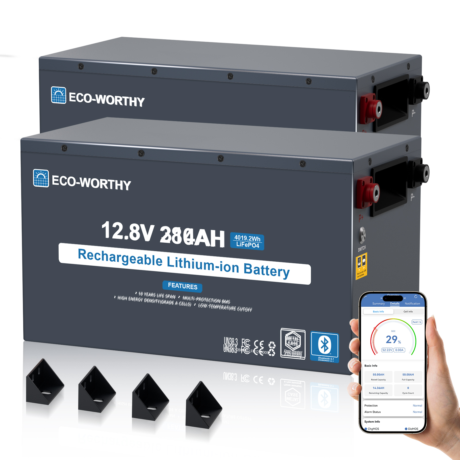 Eco-worthy 2x 12v 314ah Energyrock Lifepo4 Batterie Metallgehäuse Mit 200a Bms,4019wh Kapazität Mit Bluetooth&sicherheitsschalter,hochtemperaturbeständig&untertemperaturschutz Für Wohnmobile,wohnwagen