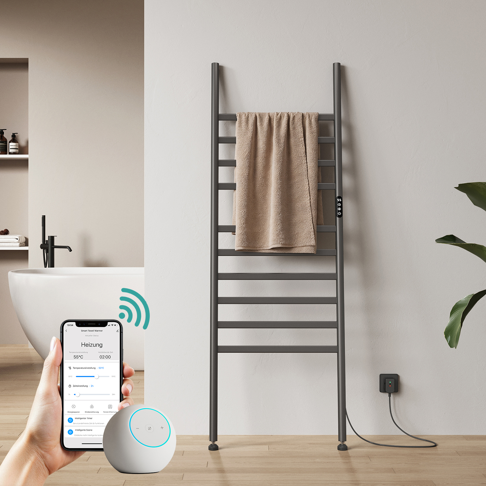 Emke Elektrischer Handtuchwärmer 160 X 55 Cm 385 W Anthrazit, Handtuchheizkörper Mit Wlan-steuerung, Slim Design Und Flexibler Aufstellung