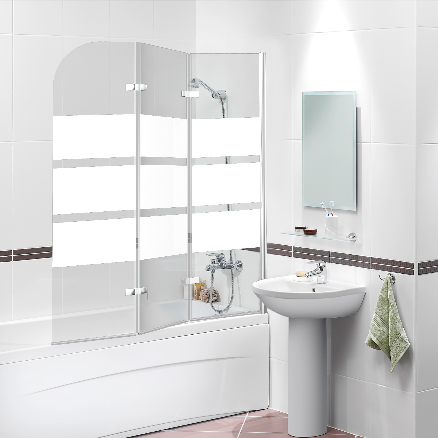 Tolletour 120x140cm Duschwand Für Badewanne Badewannenaufsatz, 3-teilig Faltbar, 6 Mm Esg-glas, 180° Schwenkbar, Nano-beschichtung, Weißes Streifendekor