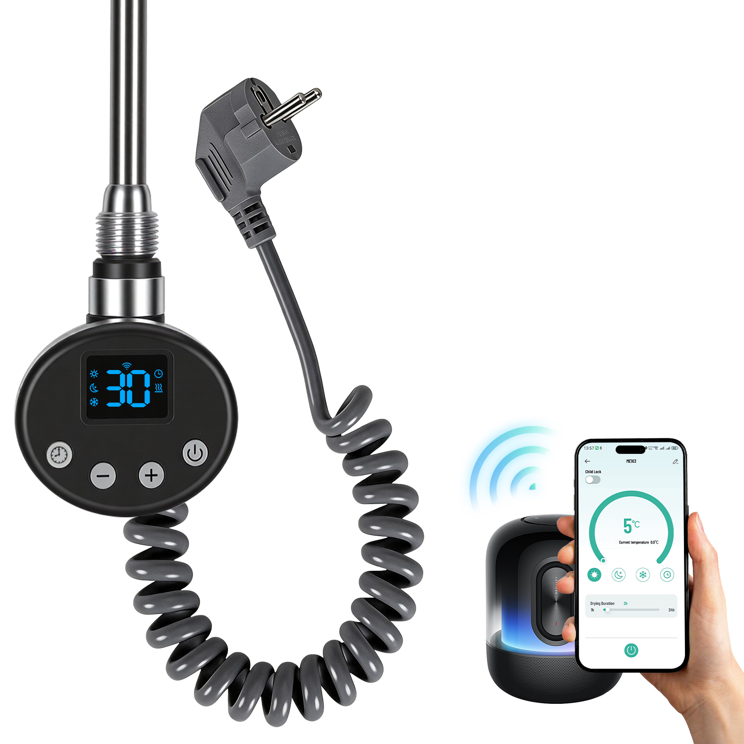 Tolletour Elektro Heizstab 600w Wlan Mit Thermostat, App-steuerung, 24h Timer, G1/2, Anthrazit