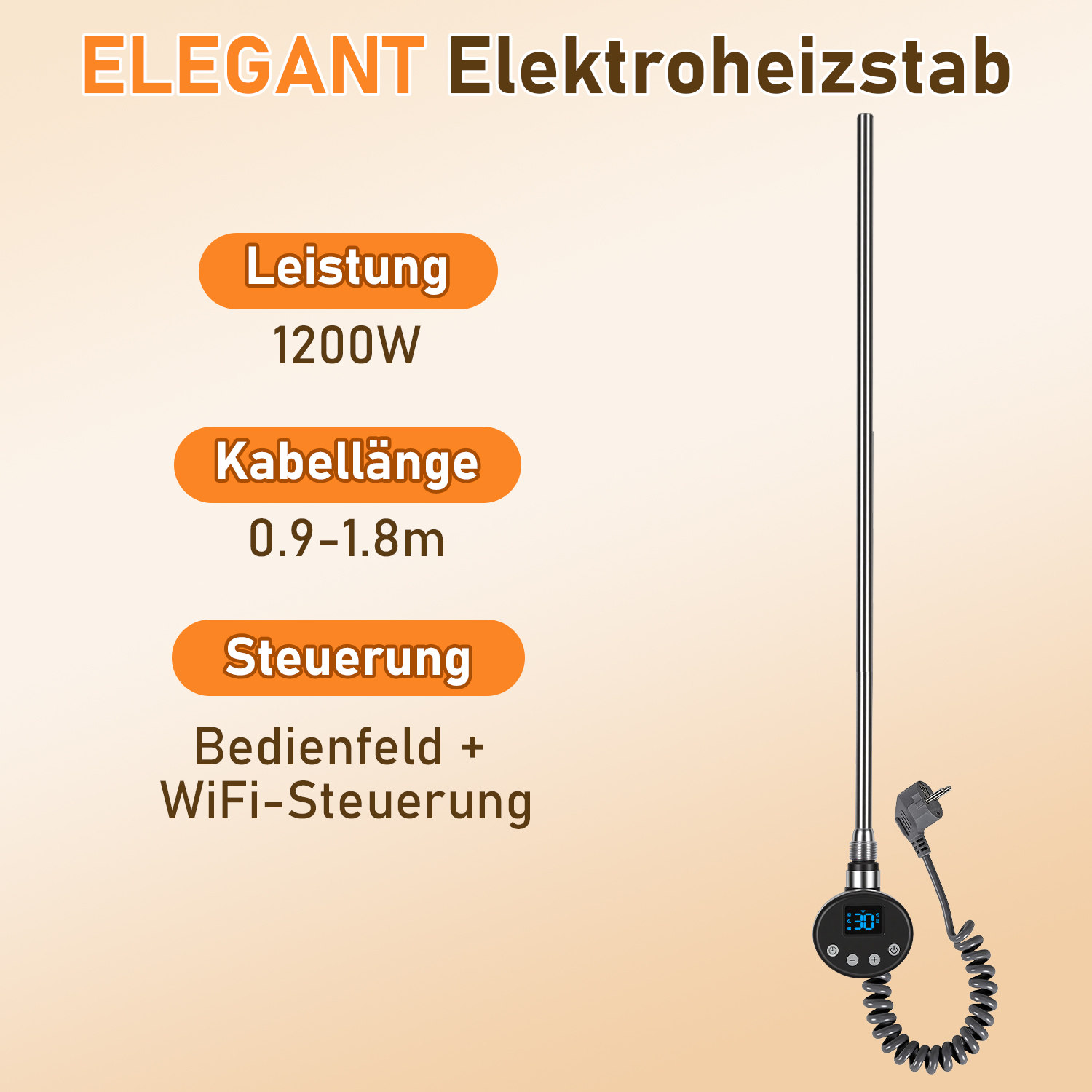 Tolletour Elektrischer Heizstab 1200w Für Heizkörper, Wifi App-steuerung, G1/2, 4 Modi, Kindersicherung, Anthrazit
