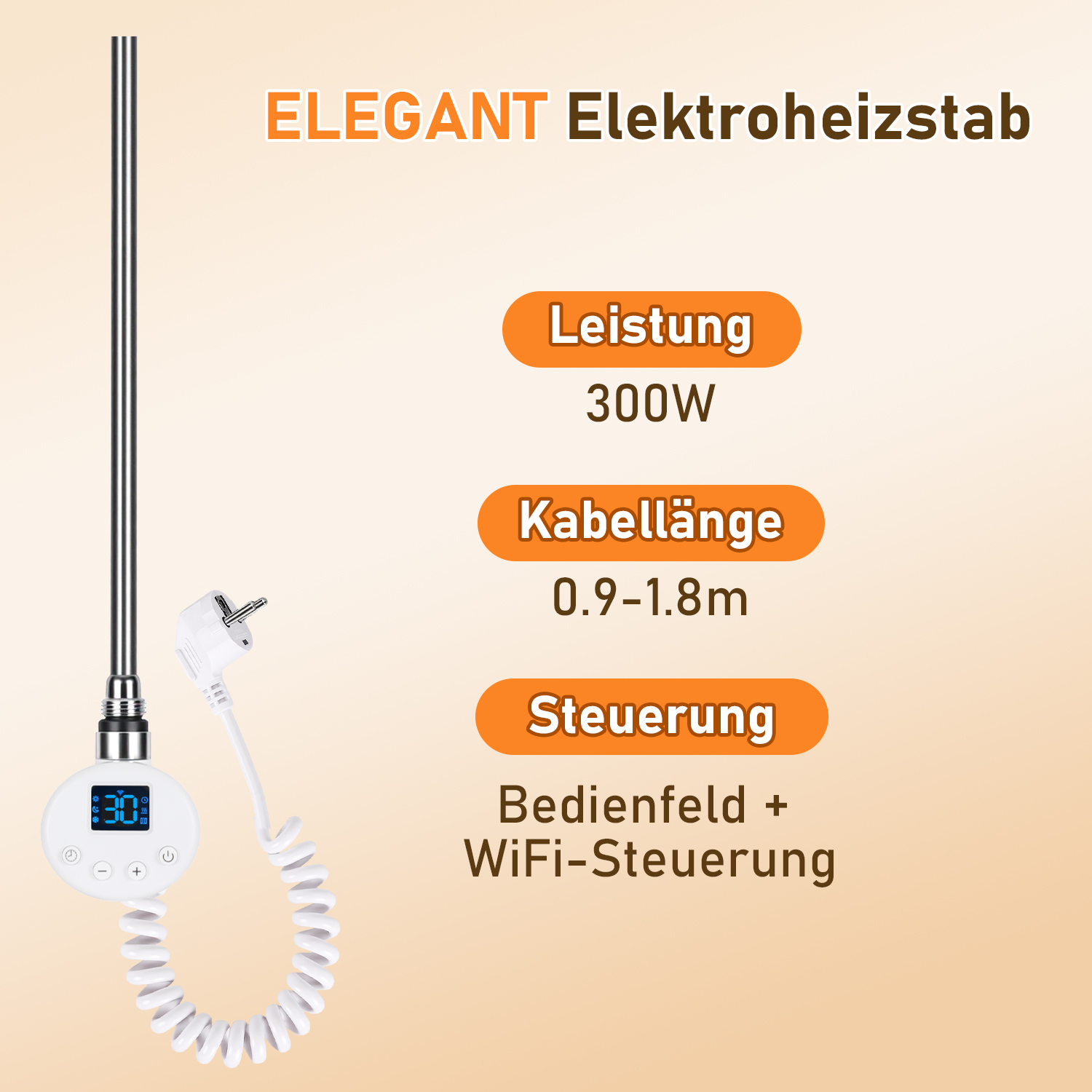 Tolletour Elektrischer Heizstab 300w Für Heizkörper, Wifi App-steuerung, G1/2, 4 Modi, Kindersicherung, Weiß