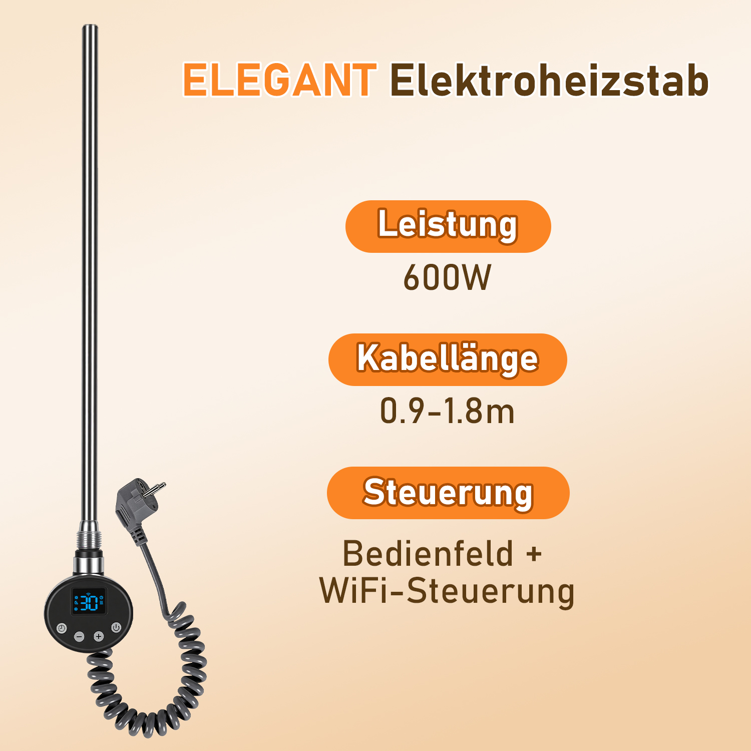Tolletour Elektrischer Heizstab 600w Für Heizkörper, Wifi App-steuerung, G1/2, 4 Modi, Kindersicherung, Anthrazit