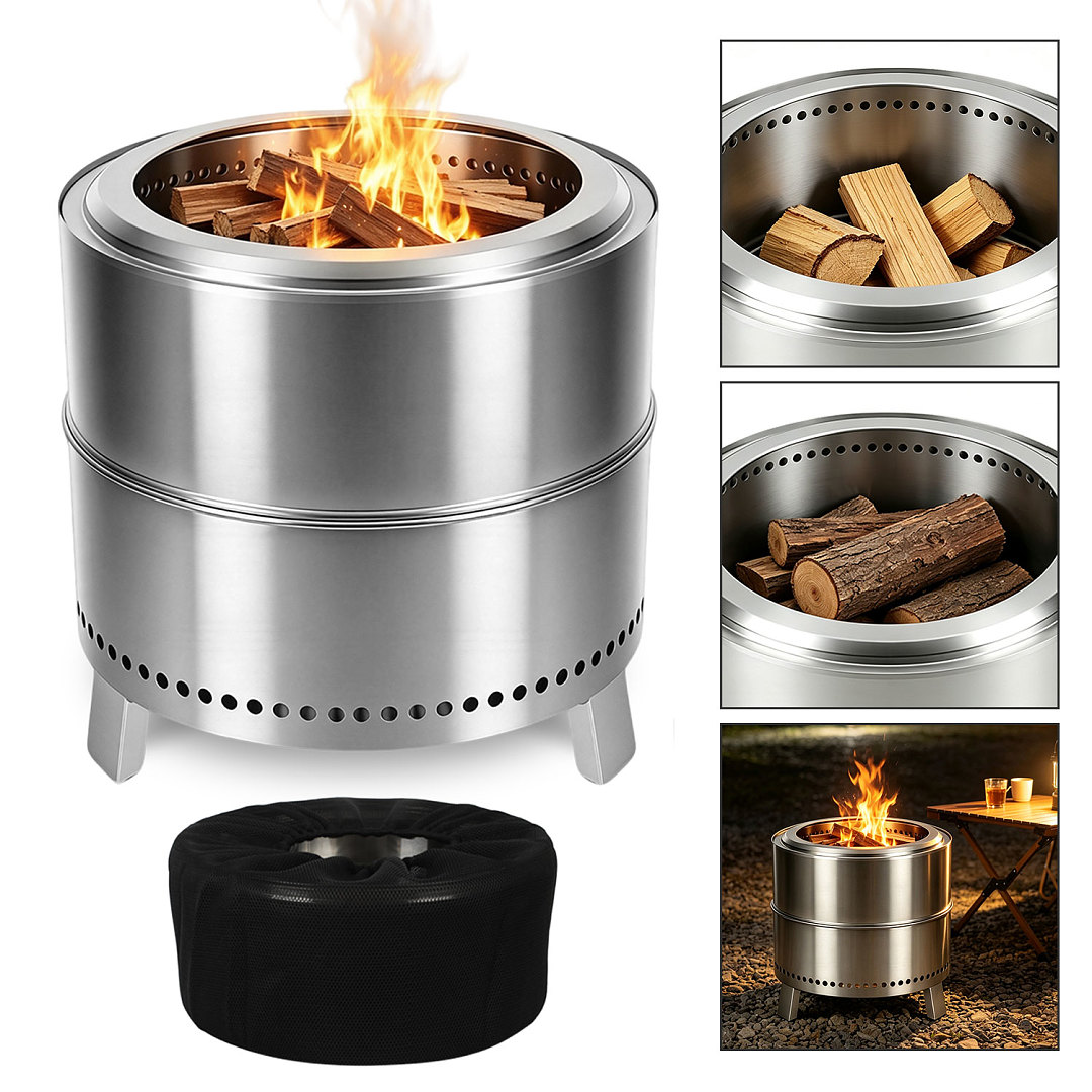 Tolletour Rauchfreie Feuerstelle Ø49,5 Cm Aus 201 Edelstahl Tragbar Mit Tasche Und Ascheschaufel Für Garten Terrasse Balkon Und Camping Silber