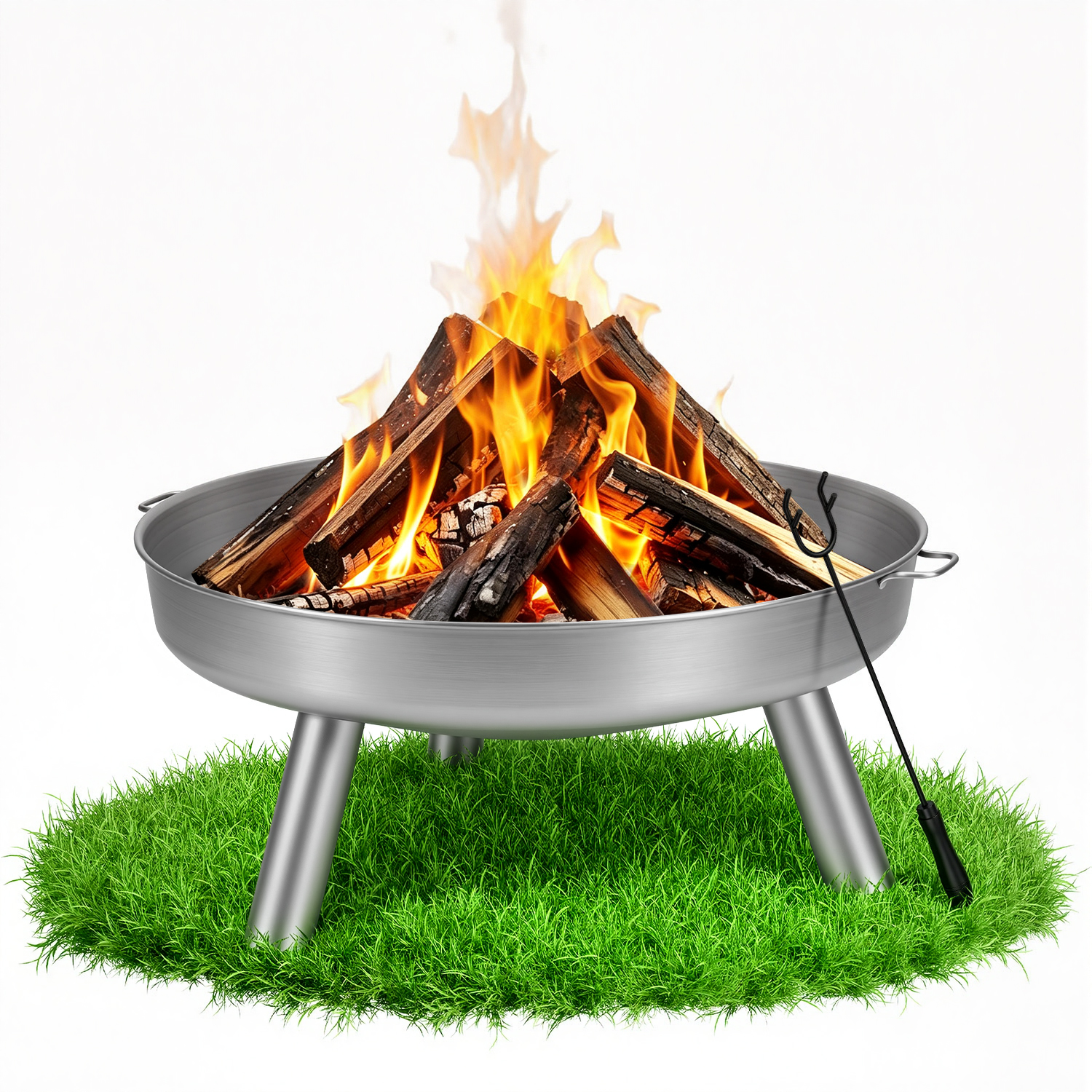 Tolletour Feuerschale Ø 75 Cm Mit Ablaufloch, 3-bein-gestell, Griffen Und Schürhaken, Verzinktes Stahlblech, Silber, Für Garten Und Terrasse