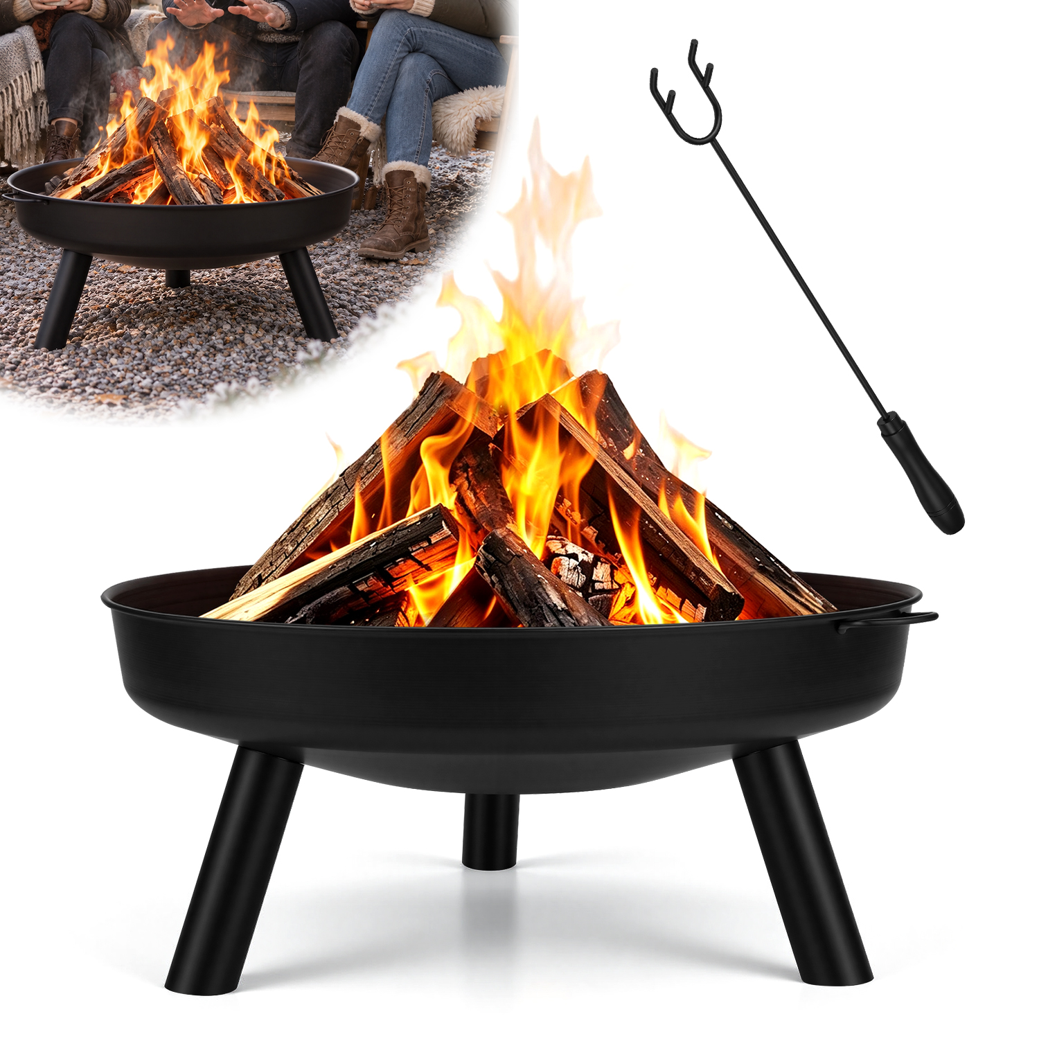 Tolletour Feuerschale Ø 75 Cm Schwarz Mit Schürhaken, Feuerstelle Für Garten Und Terrasse