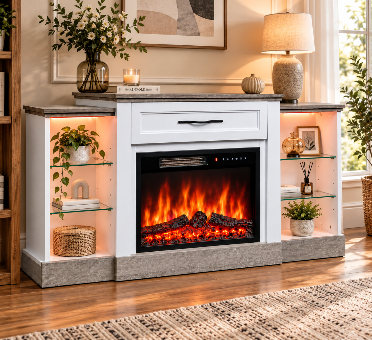 Homavo 23" Elektrokamin Mit Kaminschrank Und Led, 12 Flammenfarben, 5 Helligkeits-/geschwindigkeitsstufen, 41 Led-effekte, Timer 1–8h