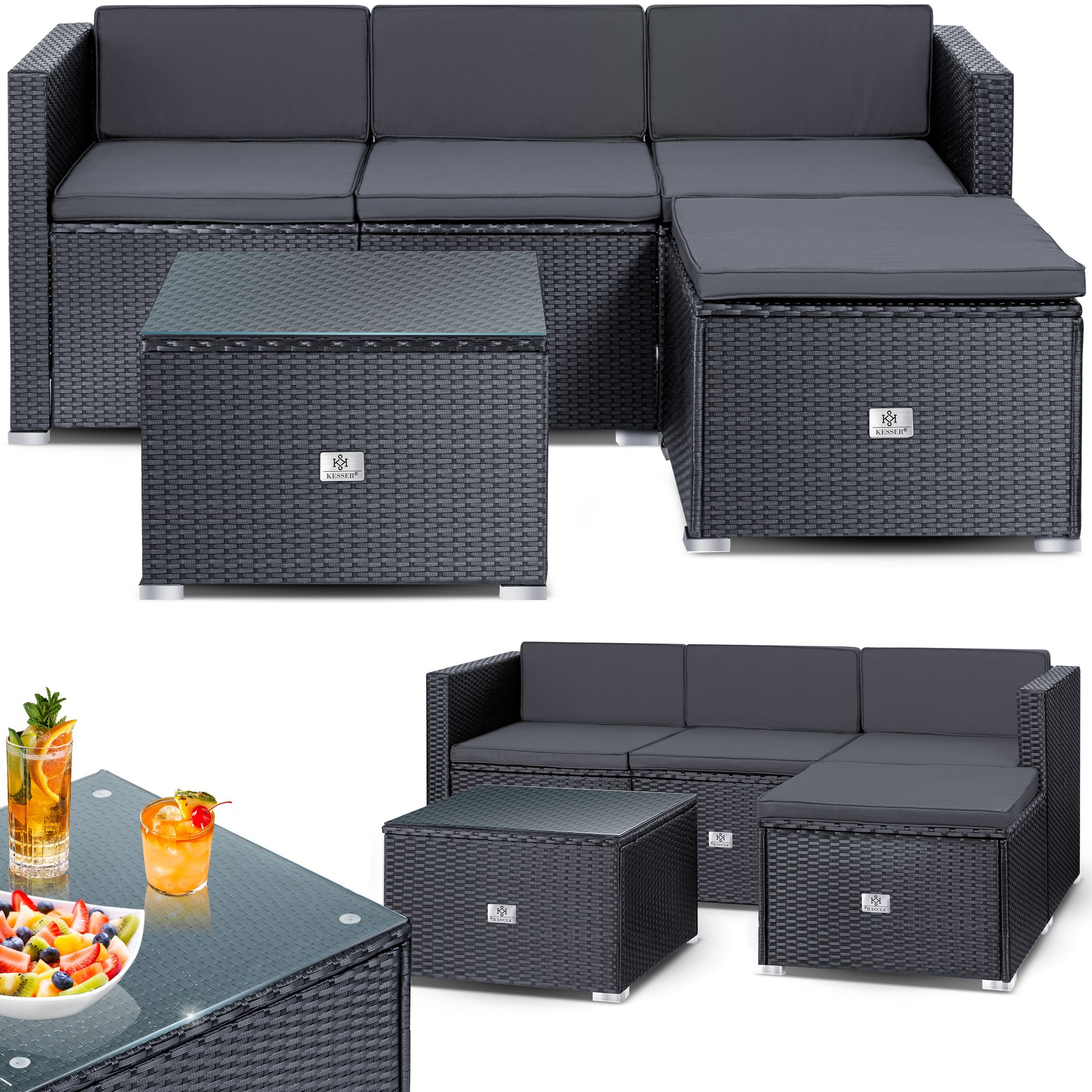 Polyrattan Lounge Aruba – Gartenlounge Für 3-4 Personen Gartenmöbel-set Sitzgruppe Aus 3er Gartensofa Sessel Hocker Und Beistelltisch Anthrazit - Kesser