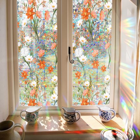100 X 43 Cm Wildblumen-regenbogen-fenster-sichtschutzfolie, Sonnenschutz-fensteraufkleber, Buntglas, Dekorativer Statischer Uv-beständiger Sonnenfänger