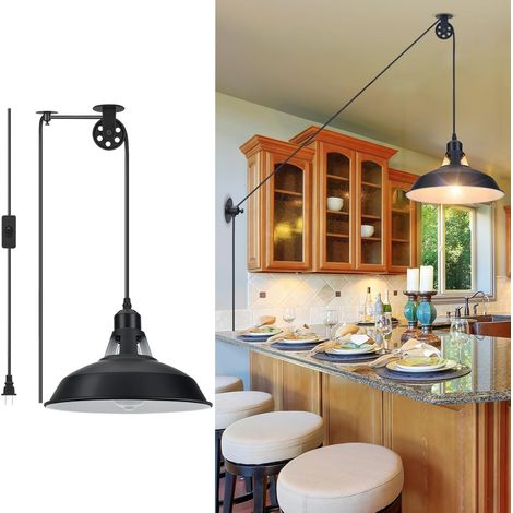 Schwarze Pulley-pendelleuchte Im Industriestil Mit Netzkabel, Pulley-wandleuchte, Geeignet Für Küche Und Schlafzimmer