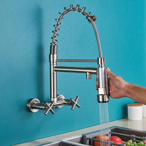 Wandmontierter Küchenmischer Mit Ausziehbarer Brause. 360° Drehbarer Spültischmischer Mit 3 Strahlarten. Einhebel-küchenarmatur. Kalt- Und Warmspüle. Erhältlich In Edelstahl