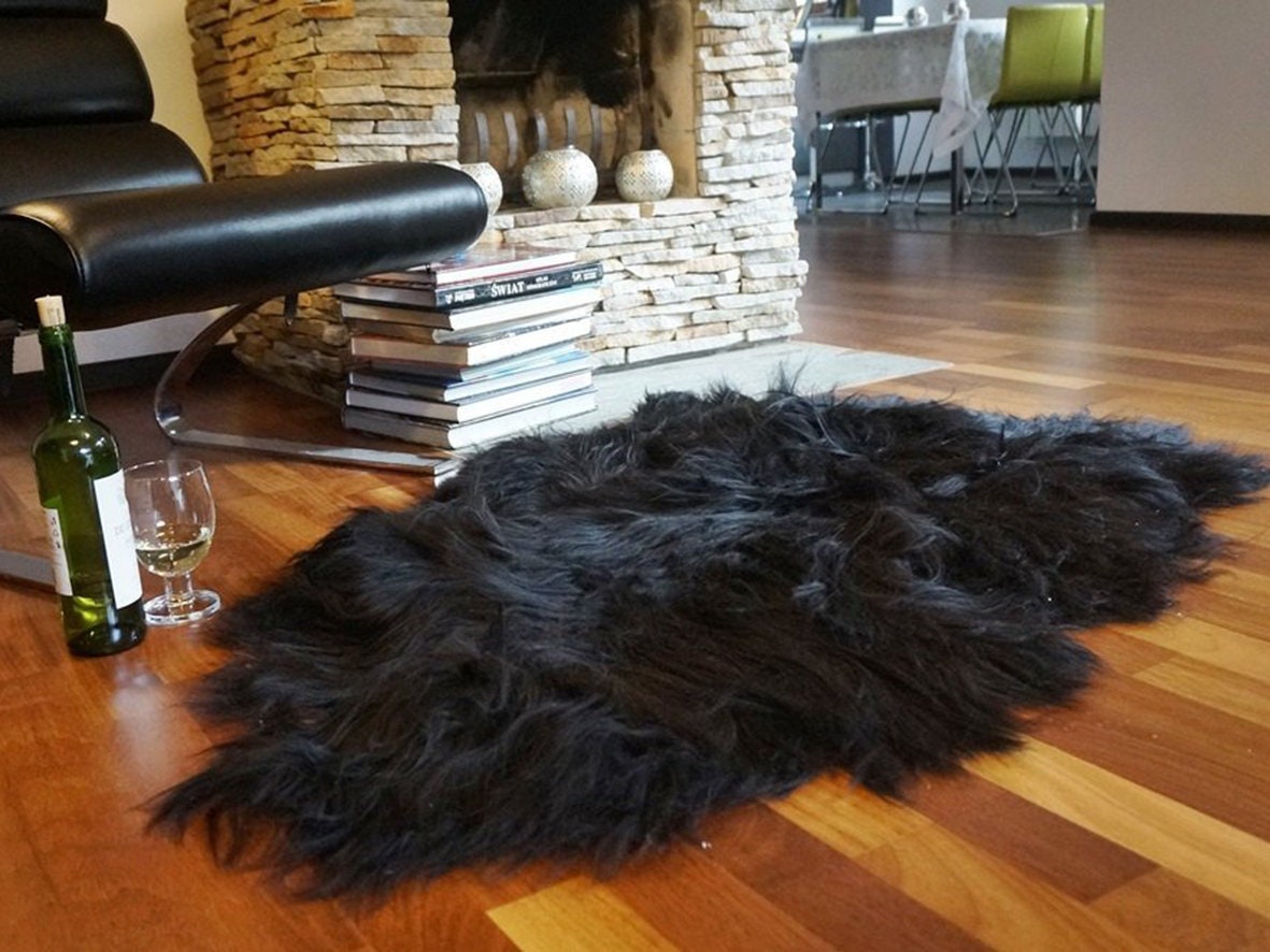 Isländischer Schaffellteppich, Schwarz X Schwarz, Echtes Naturschaffell, Teppich, Outdoor-teppich, Günstiger Teppich, Shaggy-teppich, Überwurf