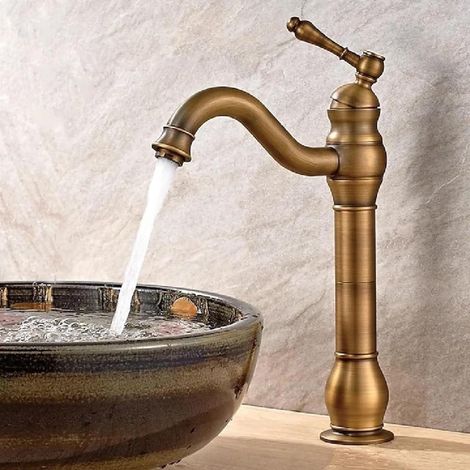 Küchenarmatur Aus Antikem Messing, Langer Vintage-badezimmerhahn, Einhand-waschtischarmatur, Heißes Und Kaltes Wasser, Gebürstetes Gold