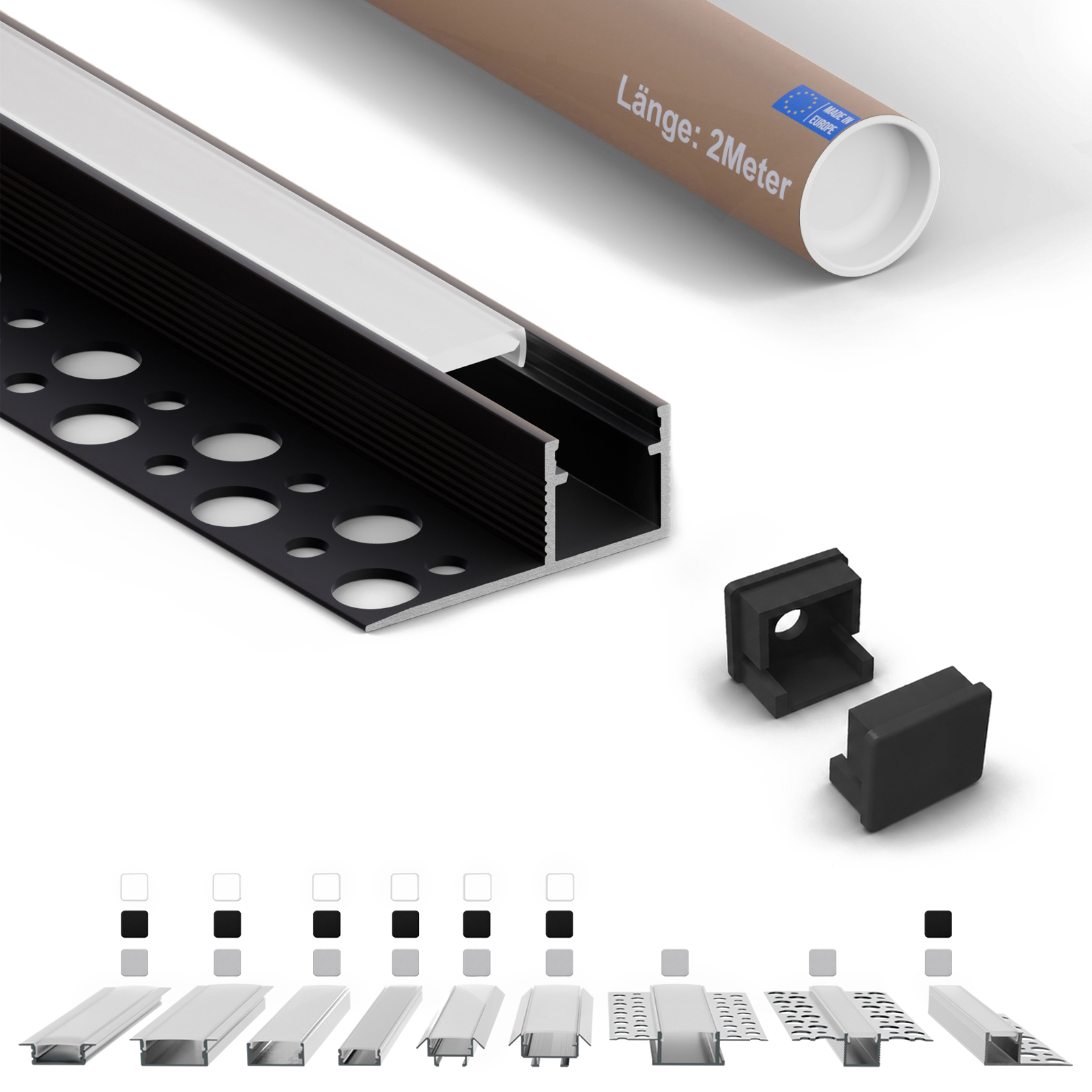 Led-abschlussprofil F2 Für Fliesen 2 M Schwarz Für Led-streifen Bis 8 Mm Inkl. Milchiger Abdeckung
