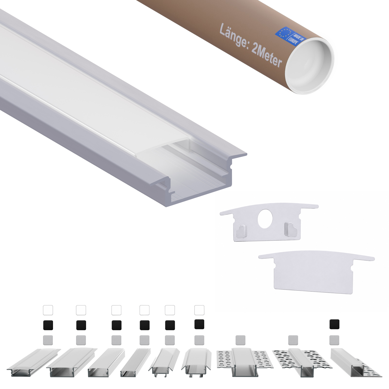 Led-einbauprofil Ef 2 M Weiss Für Led-streifen Bis 12 Mm Inkl. Milchiger Abdeckung