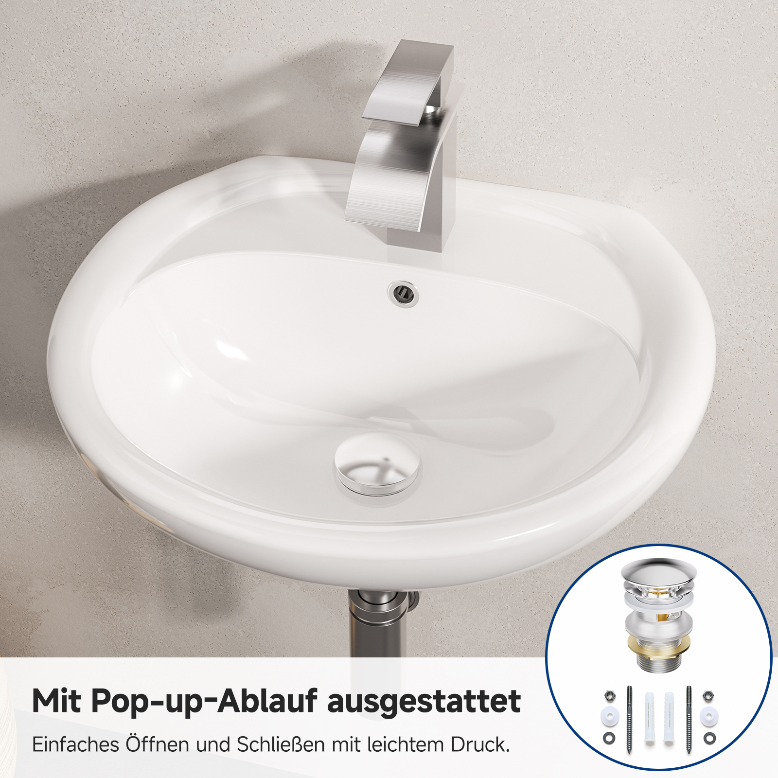 Cecipa Max Keramik Waschbecken 49 X 43,5 Cm – Wandwaschbecken Halbrund Weiß Mit Überlauf – Inkl. Pop-up-ablauf – Hochglanz, Für Badezimmer & Gäste-wc