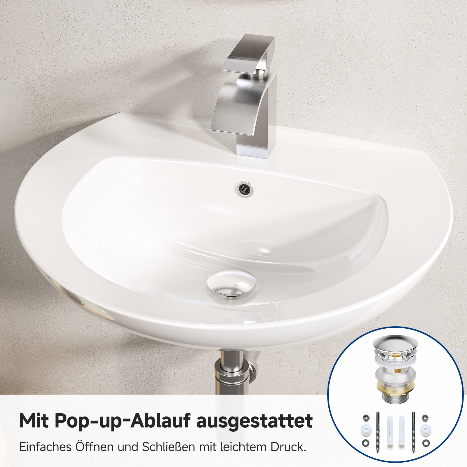 Cecipa Max Keramik Waschbecken 57 X 45 Cm – Wandwaschbecken Halbrund Weiß Mit Überlauf – Inkl. Pop-up-ablauf – Hochglanz, Für Badezimmer & Gäste-wc