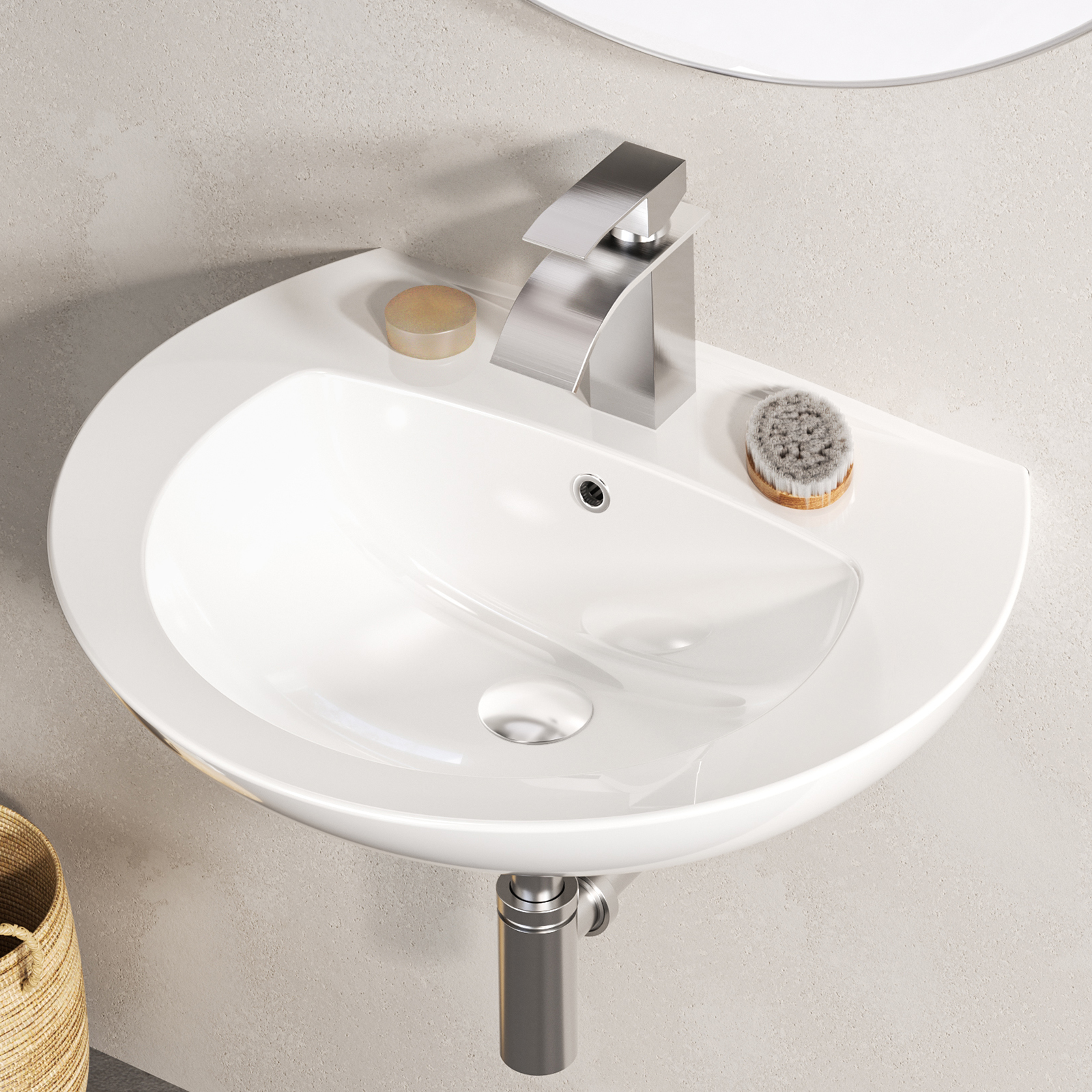 Cecipa Max Weiß Waschbecken 57 X 45 Cm – Keramik Wandwaschbecken Halbrund Mit Überlauf – Inkl. Pop-up-ablauf – Hochglanz, Für Badezimmer & Gäste-wc