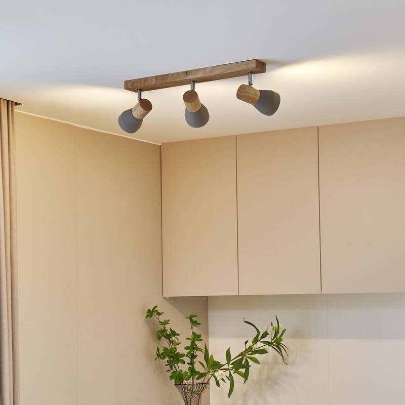 [gebraucht] B-ware Lindby Deckenlampe Filiz Led Strahler 3-flg Dimmbar Beton Holz Hellgrau 47cm