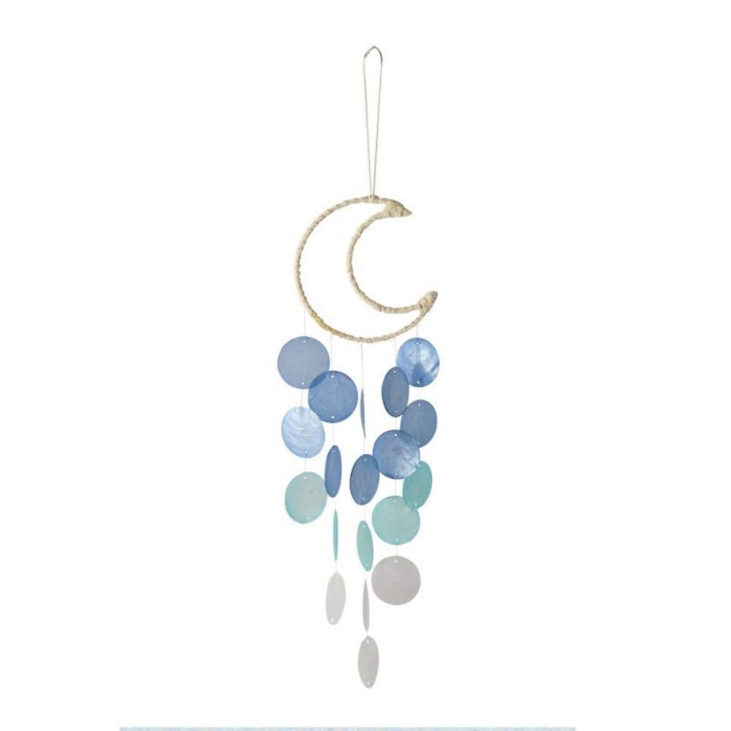Muschel Windspiel Mond Deko Blau Für Balkon & Garten, Boho Hängedeko Mit Perlmutt