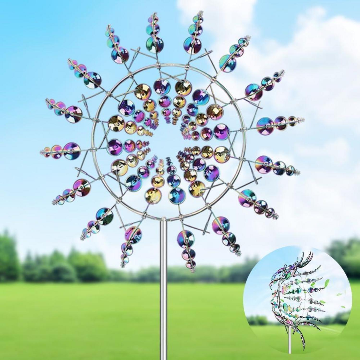 3d Windrad Edelstahl Mit Gartenpfahl, 360° Dual Rotors, Bunt
