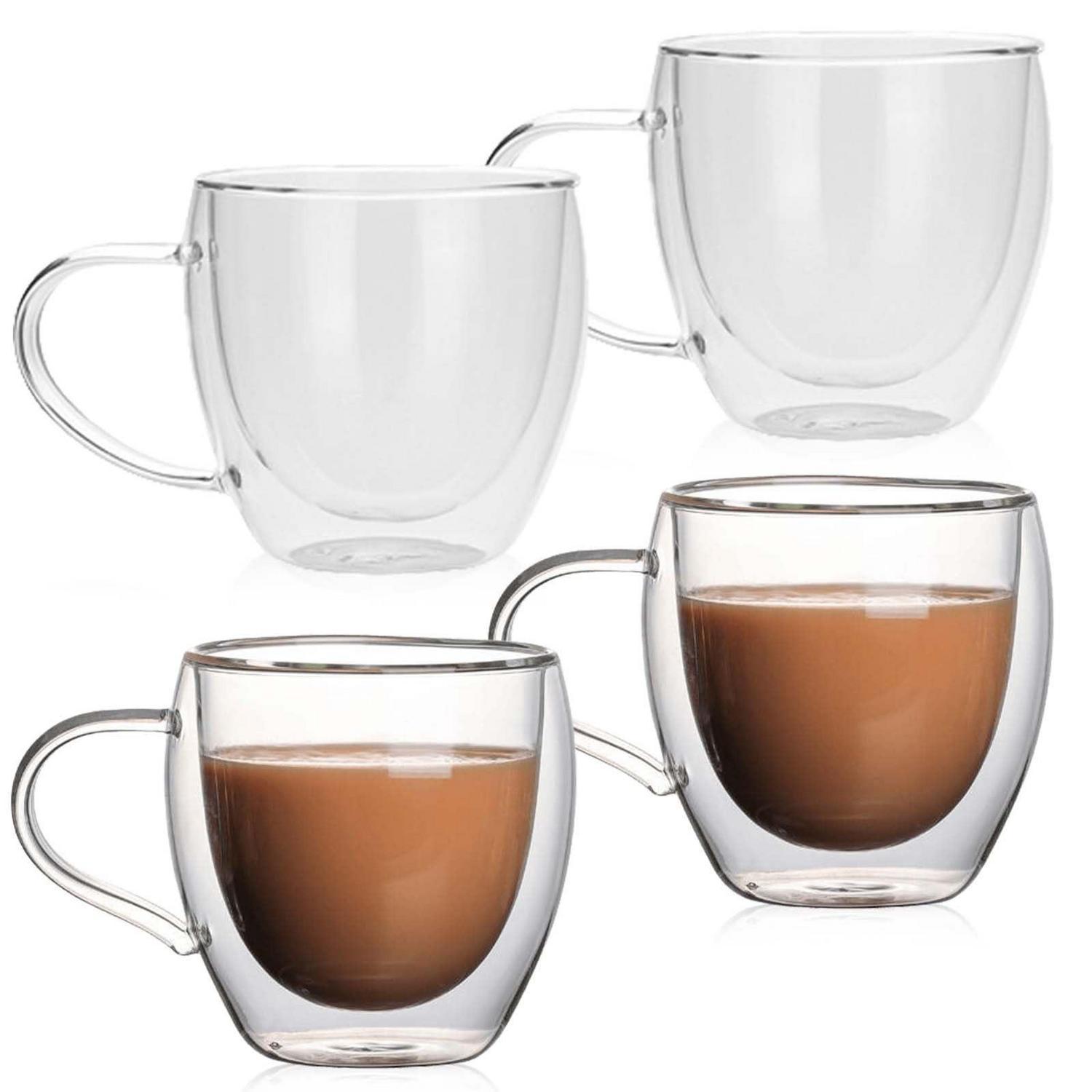 4er Set Doppelwandige Kaffeegläser Mit Henkel, 250ml Borosilikatglas Für Latte Macchiato