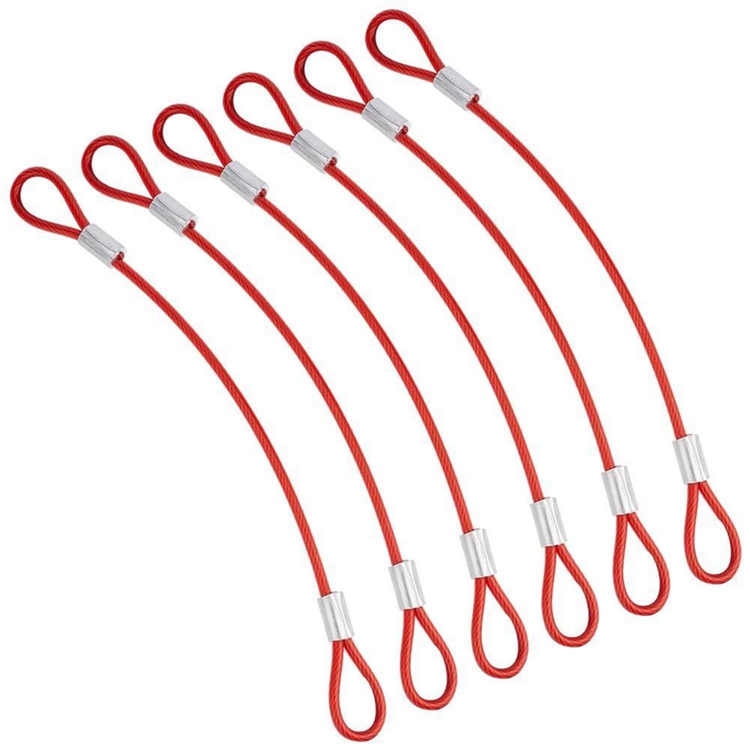 6x Sicherheitskabel Mit Schlaufen, 20,5cm, 3mm Stahlseil, Rot Gummiert