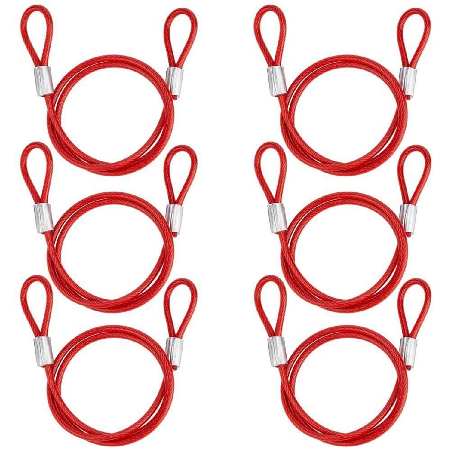6x Stahlseil Mit Schlaufen, 50.5cm, Rot Gummiert, 3mm Durchmesser