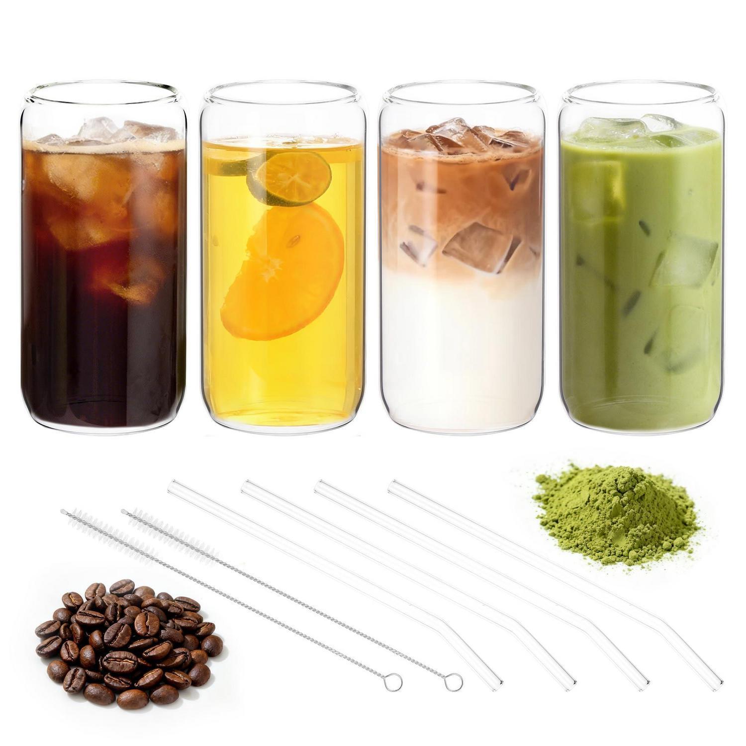 Trinkgläser Set 4 Stück 500ml Mit Glasstrohhalmen Für Eiskaffee, Matcha, Latte
